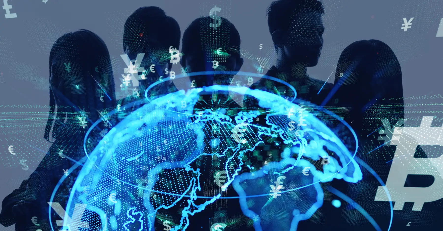 Silhouettes of people with digital currency symbols superimposed, over a global network background, representing fintech innovation.