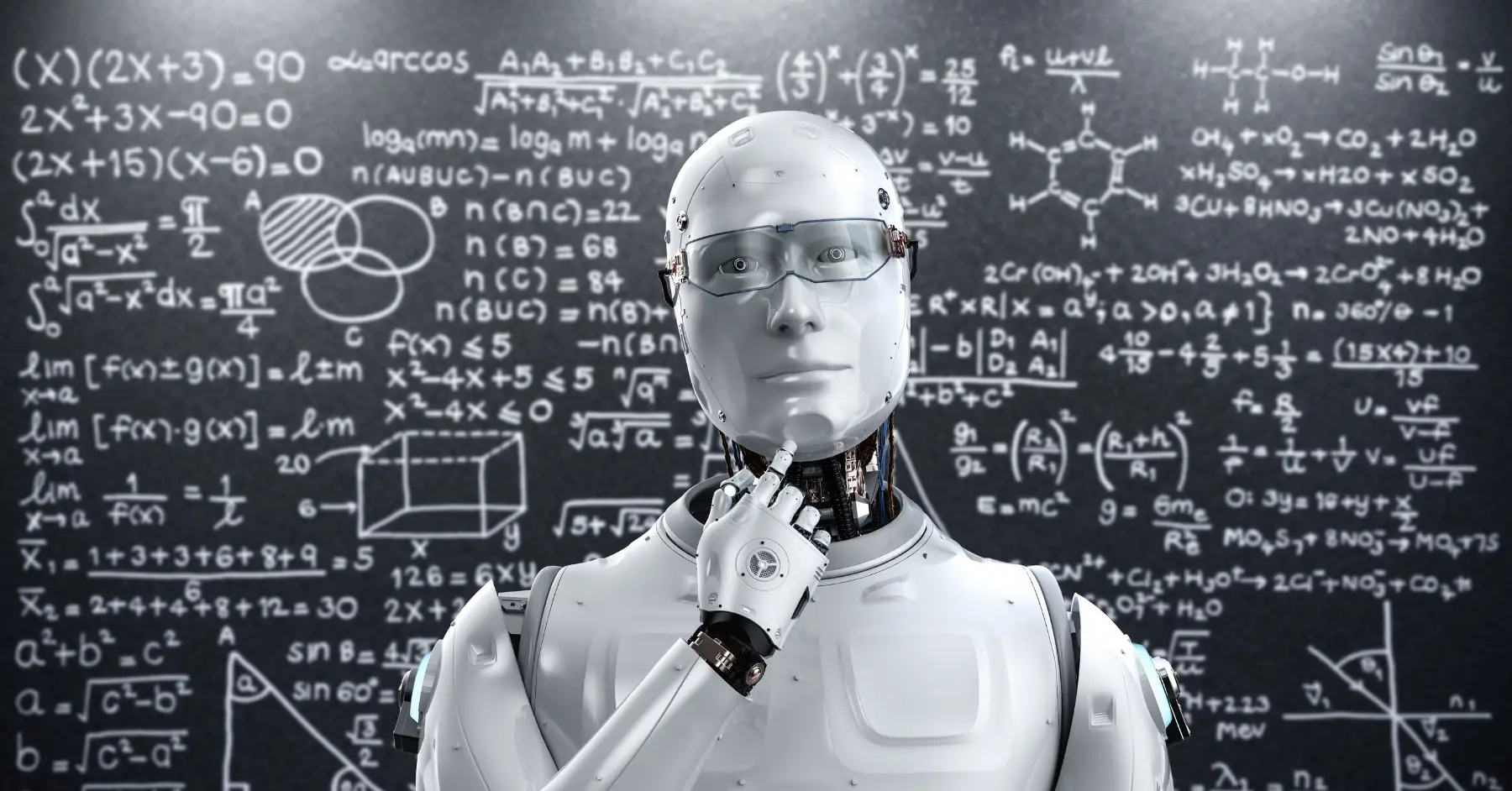 A humanoid robot with glasses and a contemplative expression, standing against a backdrop filled with complex mathematical and chemical equations.