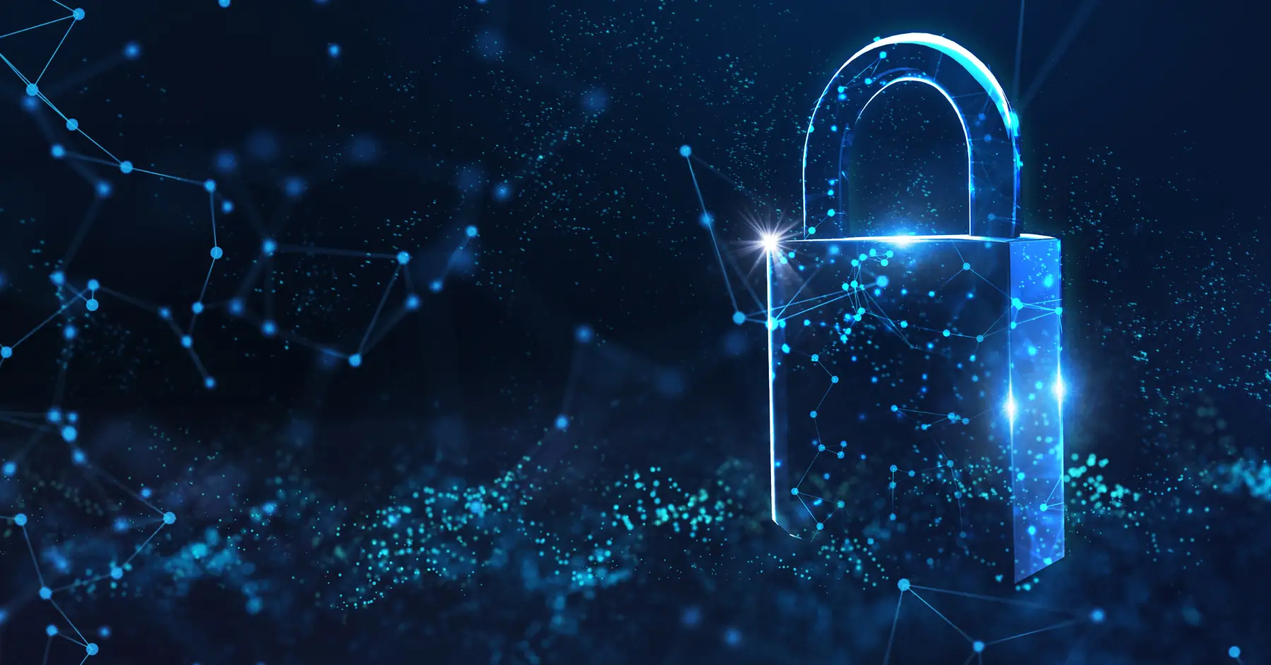 Digital lock with network connections on a dark blue background, symbolizing data security.