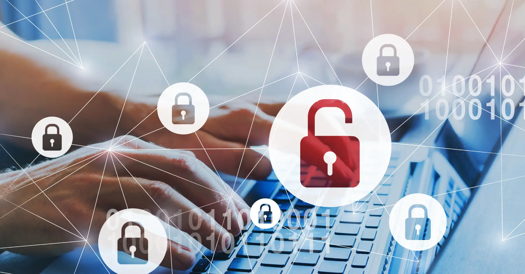 Close-up of hands typing on a laptop with digital security icons and networks overlaying the image.