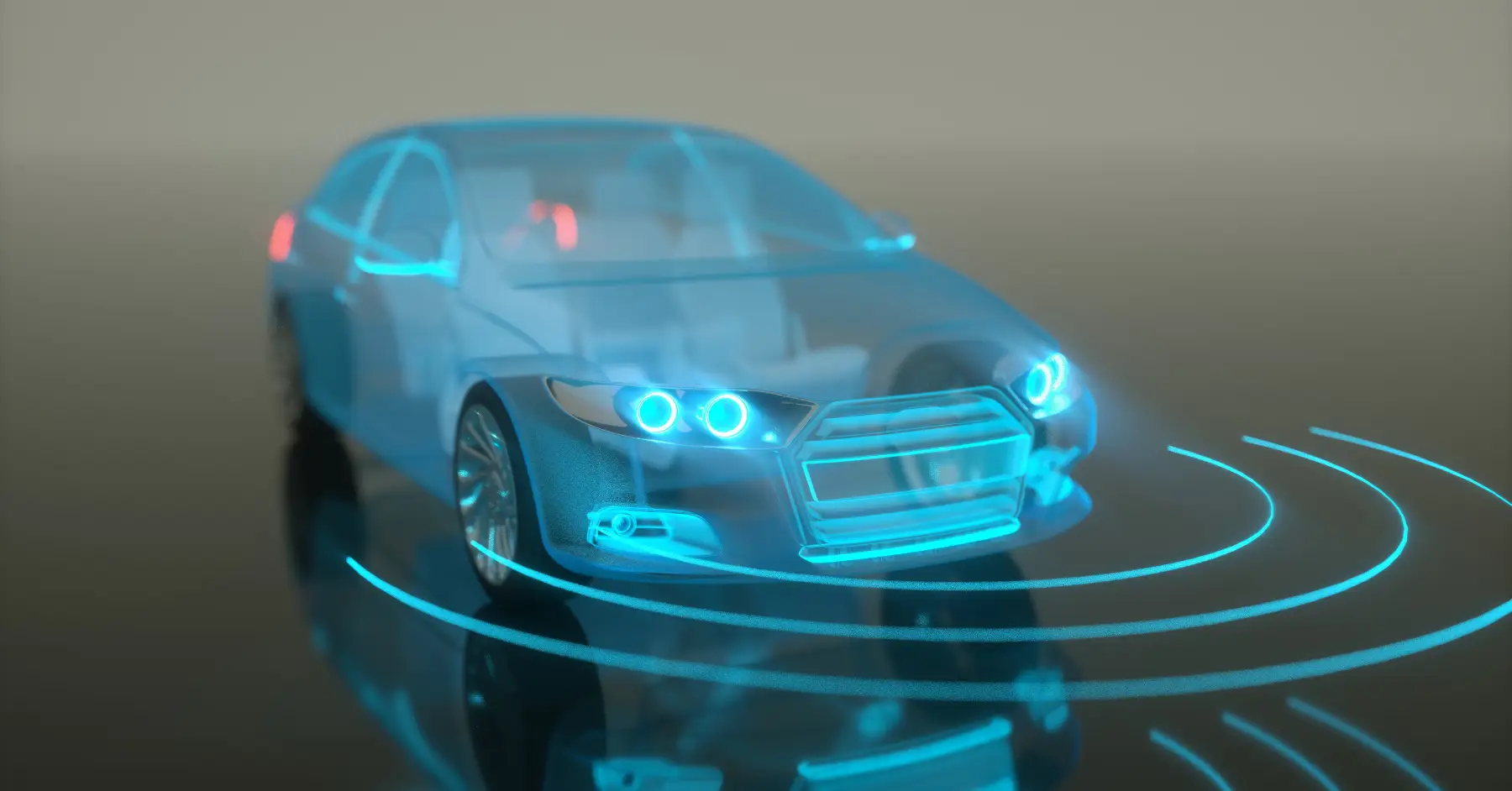 Holographic projection of an autonomous car with sensor data visualization.