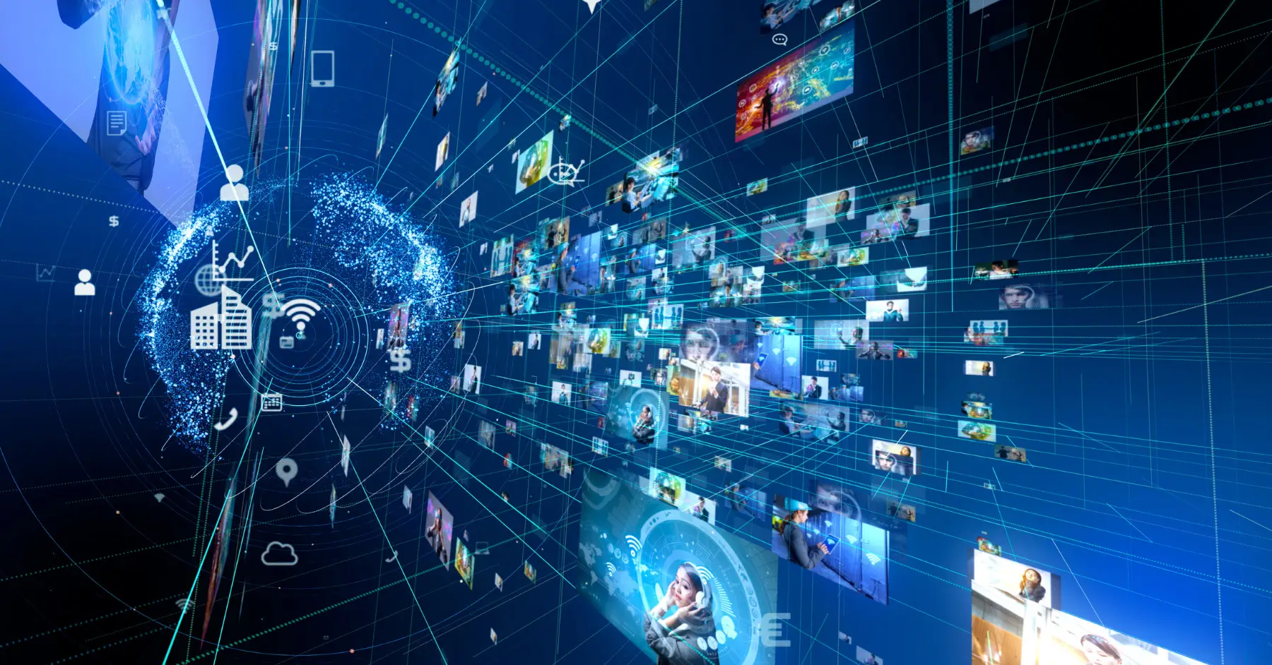 Digital visualization of a global network representing blockchain impact on banking and finance.