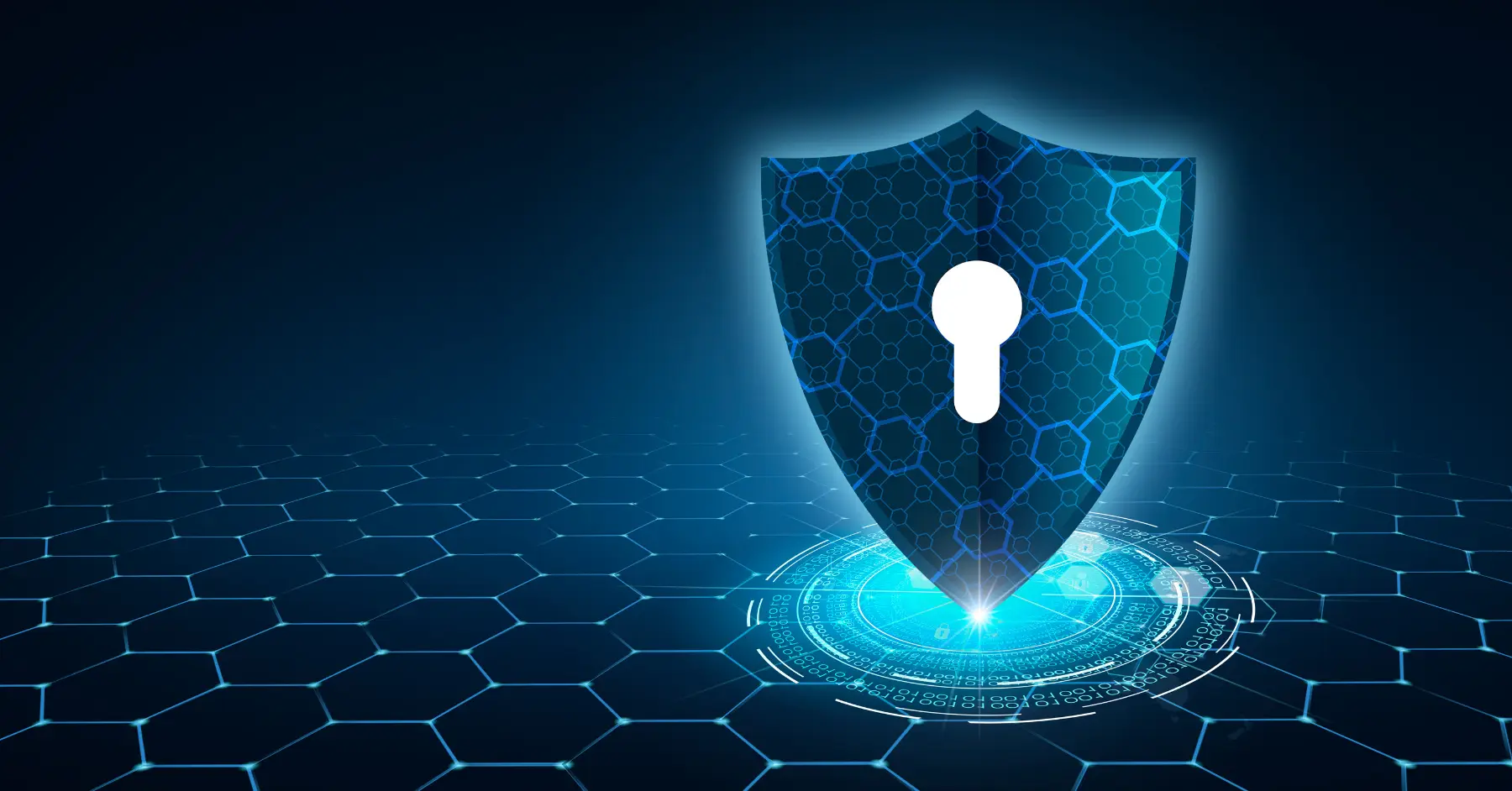 Blue glowing shield with a keyhole on a hexagonal pattern, representing IoT security.