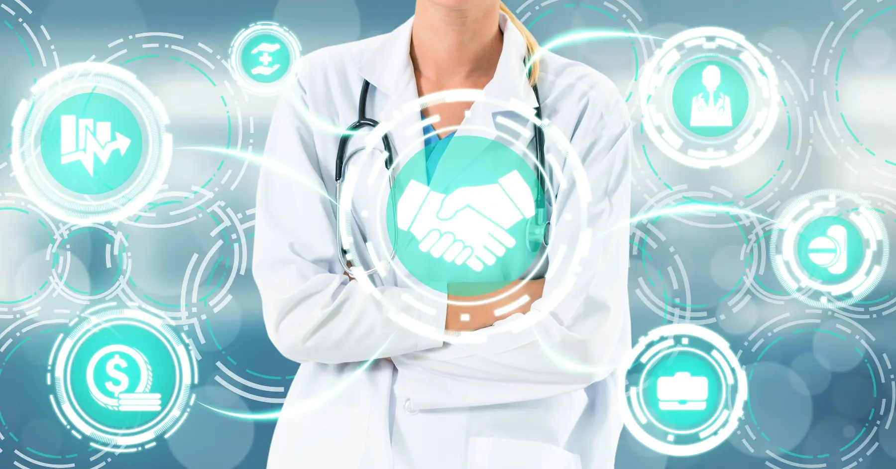 A female healthcare professional wearing a lab coat is standing with an overlay of various health-related icons and technology symbols representing innovative HealthTech solutions in a modern digital healthcare setting.