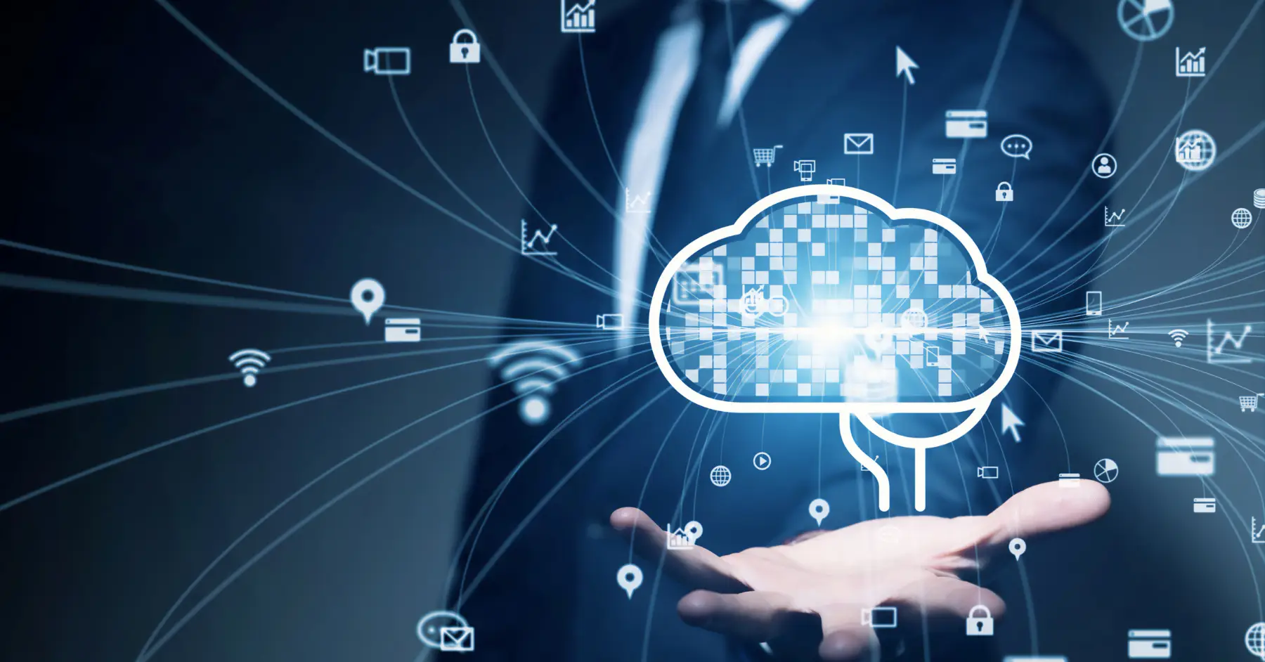 Businessman interacting with a holographic display of cloud computing and digital network icons.