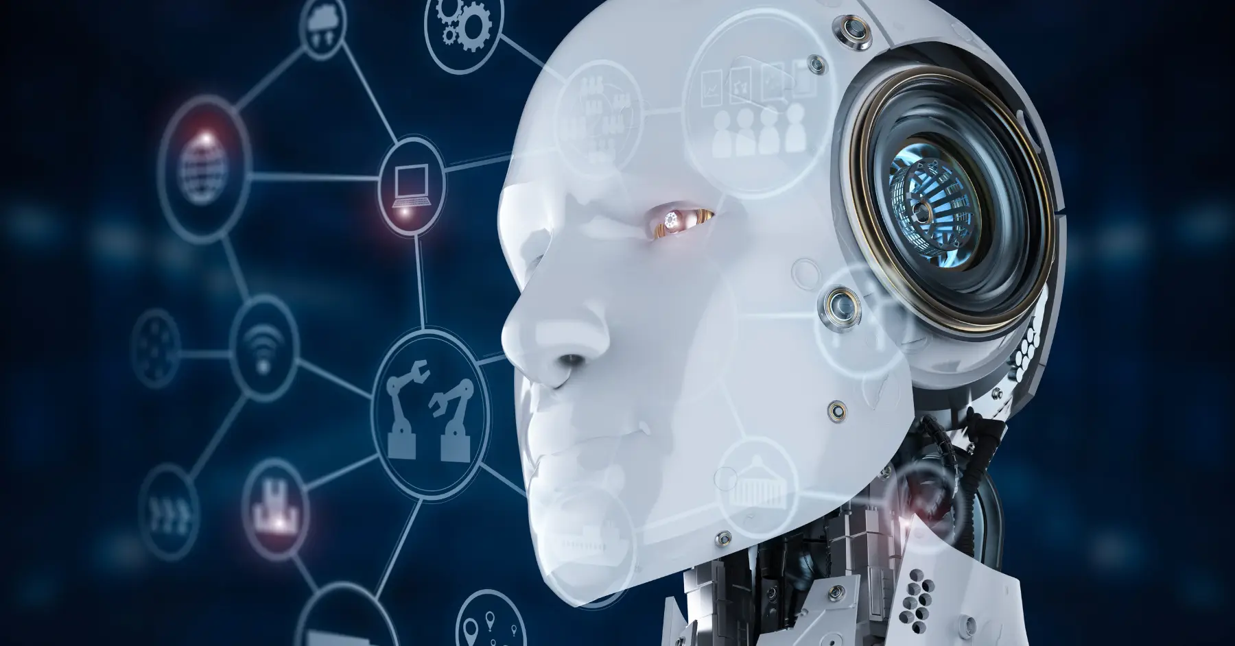 Futuristic representation of a humanoid robot head, featuring a highly detailed, mechanical design with a glowing eye and visualizations of various technology icons and network connections surrounding it. The image symbolizes advanced robotics and artificial intelligence in modern technology.