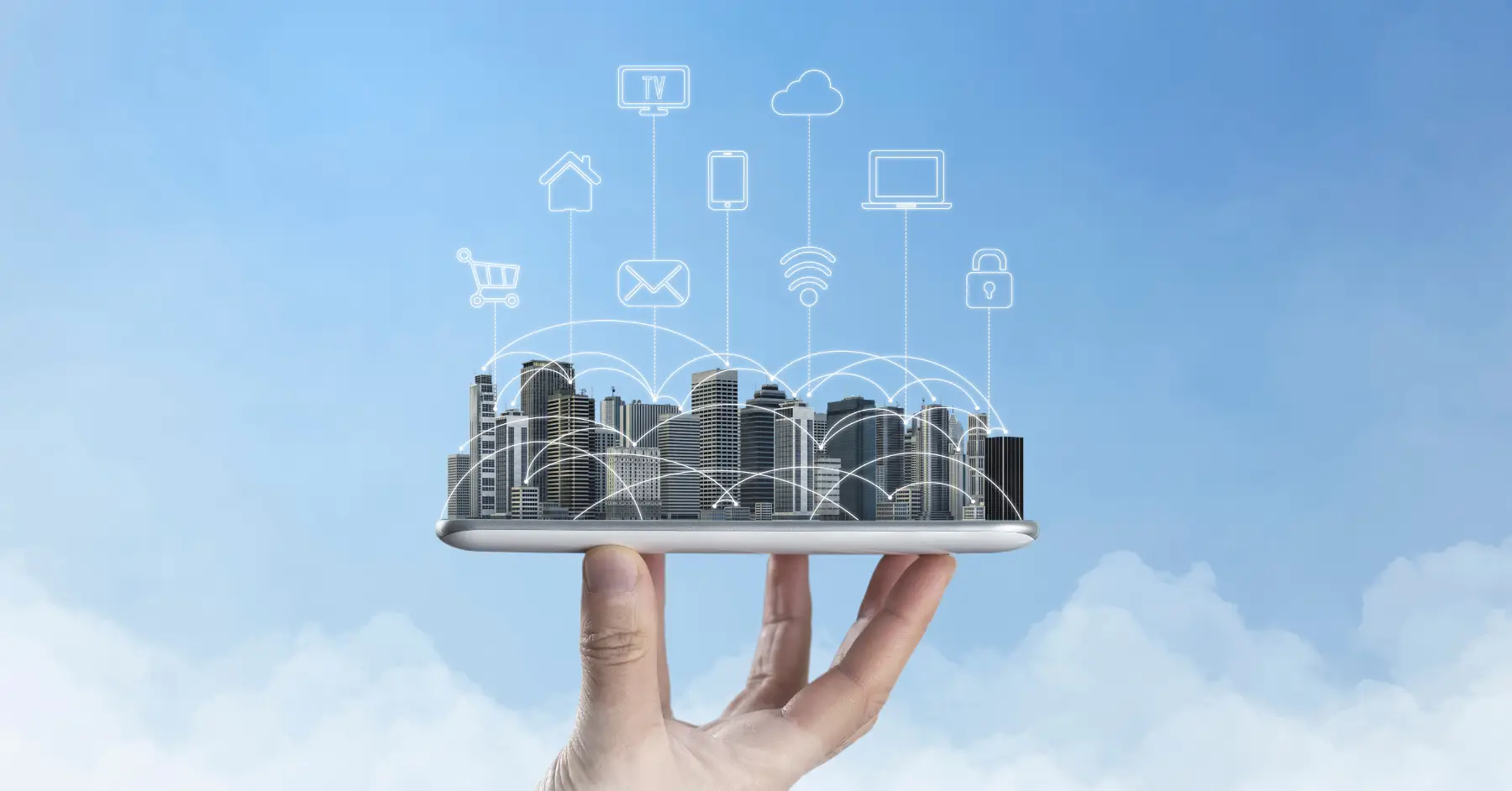 Hand holding a smartphone displaying a 3D cityscape with icons symbolizing connected smart city technologies.