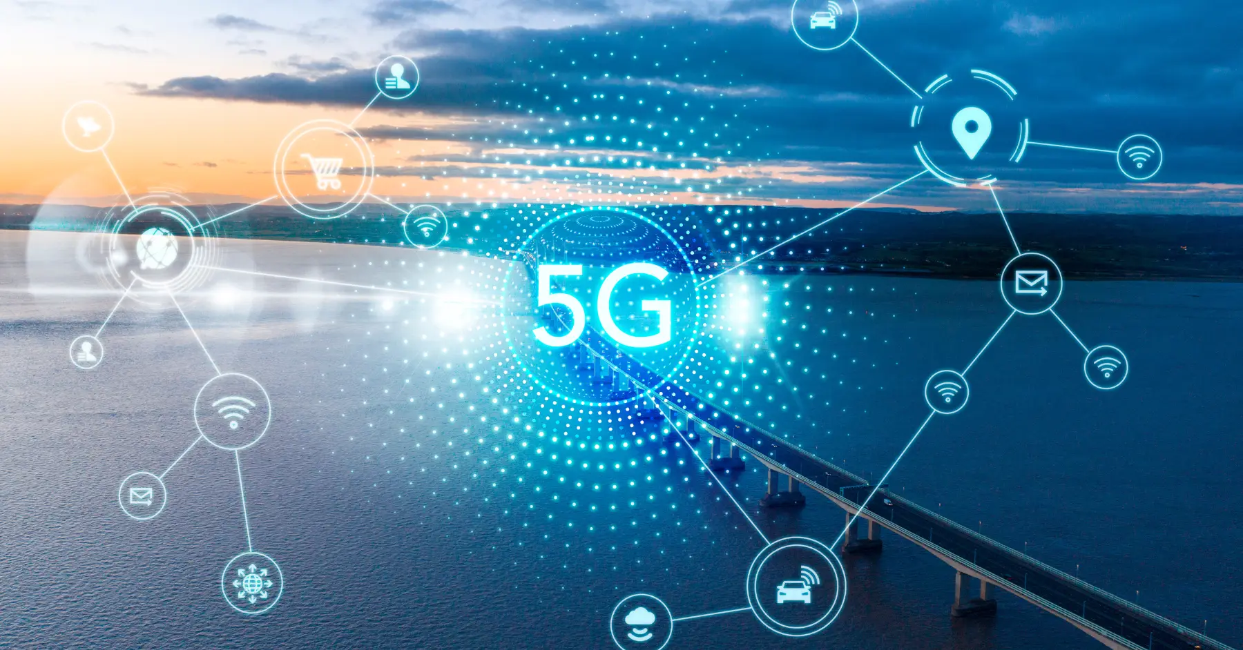 A graphic of 5G network connections over a bridge, illustrating the expansive reach and impact of 5G technology on various industries.