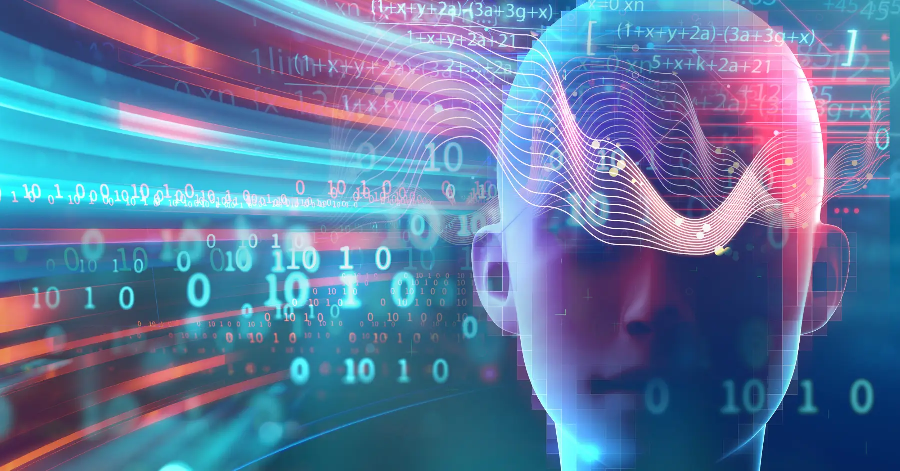 Digital representation of a human head with data and neural networks illustrating advanced AI concepts.