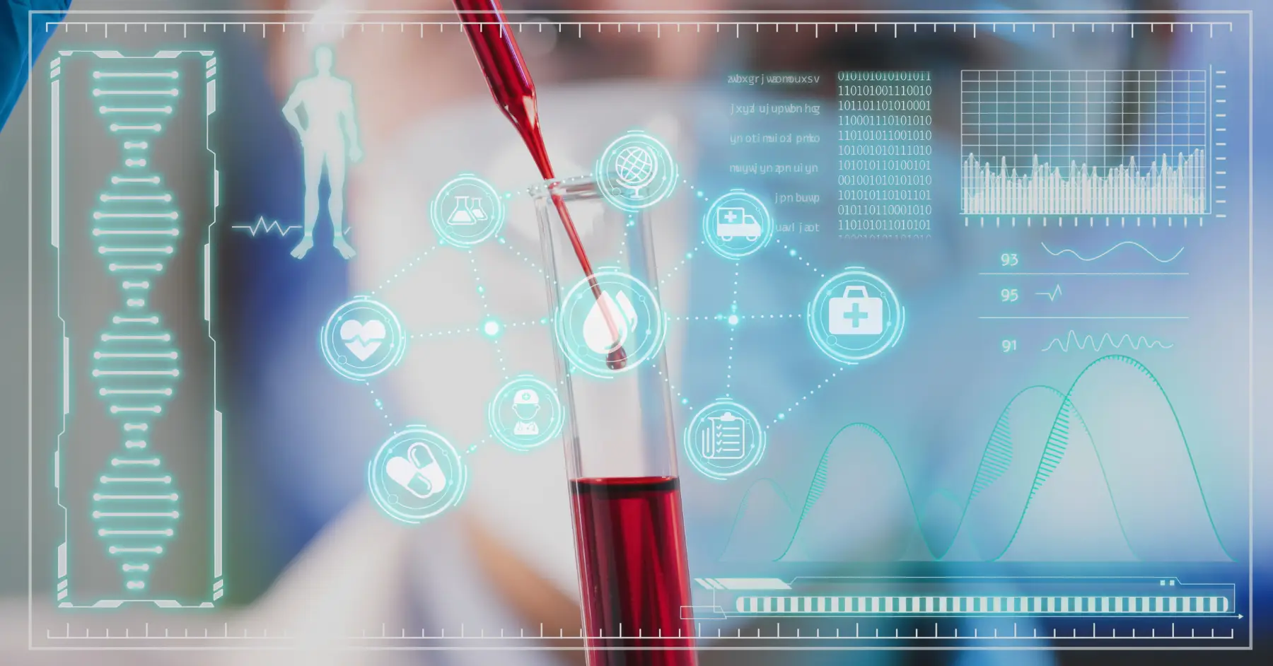 A digital interface showcasing biotechnology concepts with a DNA sequence and medical data, symbolizing advancements in health tech and diagnostics.