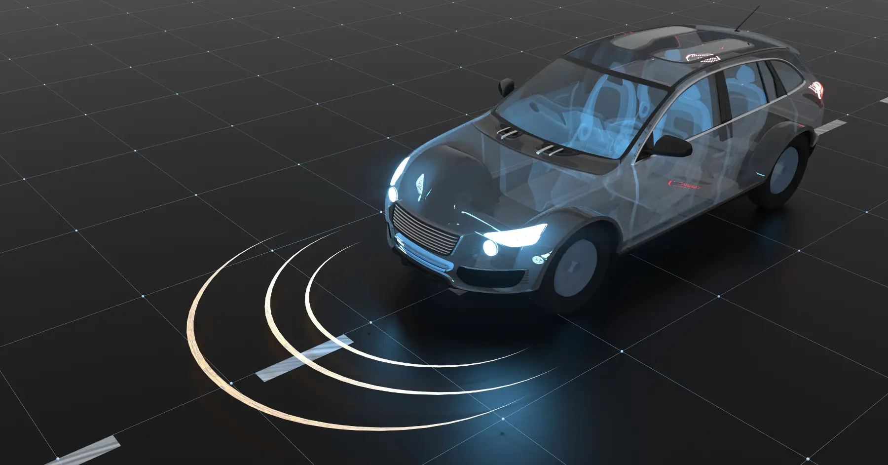 Futuristic autonomous car showcasing advanced driving sensors and technology on a digital grid.