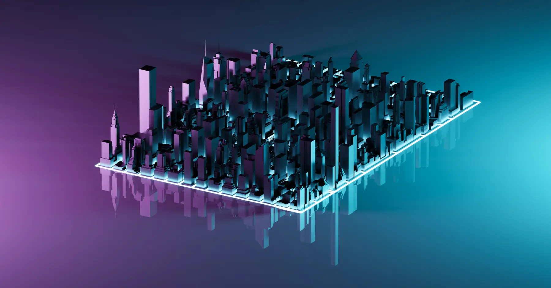 Stylized 3D cityscape representing a tech hub illuminated by neon lights, symbolizing innovation and future tech cities.