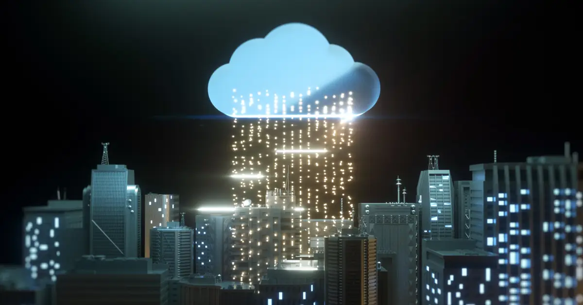 Illuminated cloud above a cityscape, symbolizing cloud computing technology over an urban area.