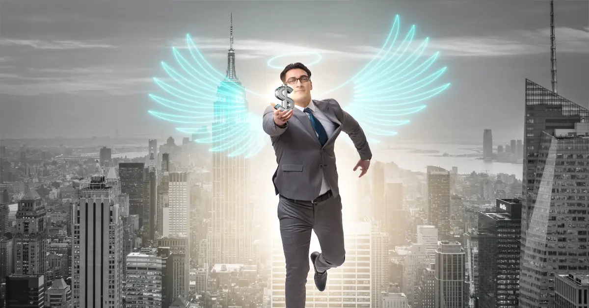 A businessman with digital angel wings holding a dollar symbol, flying above a city skyline, symbolizing angel investment opportunities.