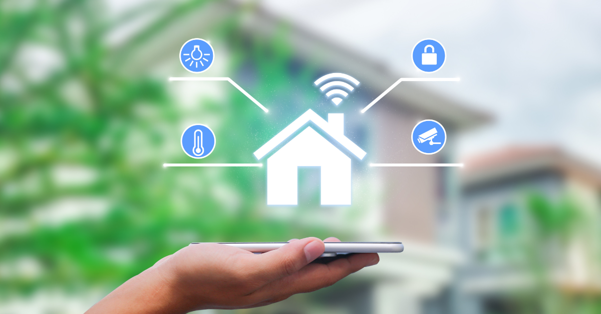 Smart home control interface displayed on a smartphone, integrating features like lighting, temperature, security, and maintenance.