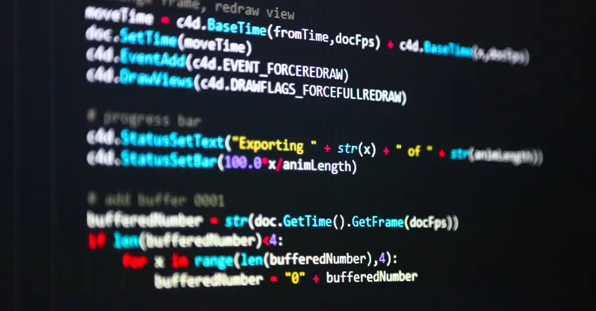 Close-up view of programming code on a dark screen, displaying functions and status messages.