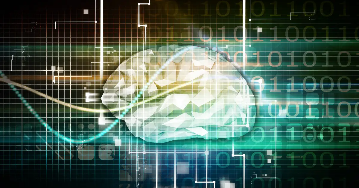 Abstract digital brain with binary code and network connections on a green and black background, symbolizing advanced AI and machine learning concepts.