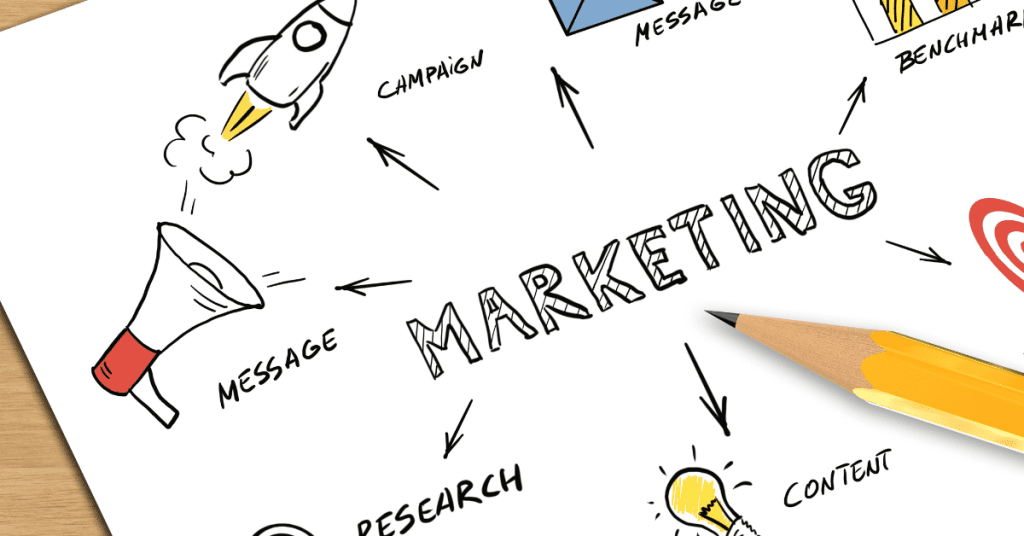 Creative marketing strategy concept with sketches of a rocket, megaphone, and target around the word 'MARKETING' on a whiteboard.