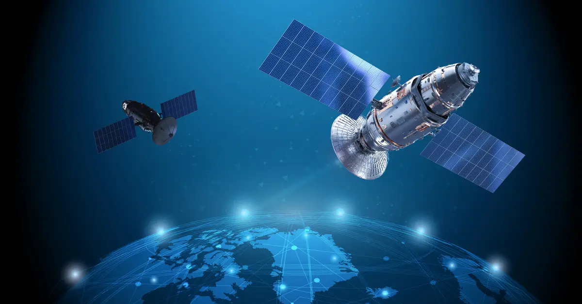 Satellites in orbit over a digital globe, showcasing global communication advancements.
