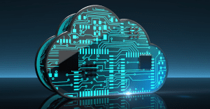 Cloud-shaped icon composed of blue circuit patterns, symbolizing cloud computing technology.