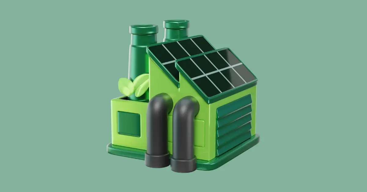 Stylized illustration of an eco-friendly factory with solar panels and green energy elements.