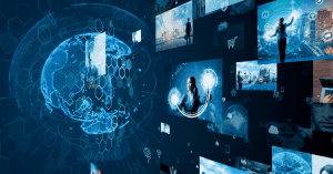 Futuristic montage of digital screens and interfaces displaying various AI applications across a global map, illustrating AI's impact on different industries worldwide.