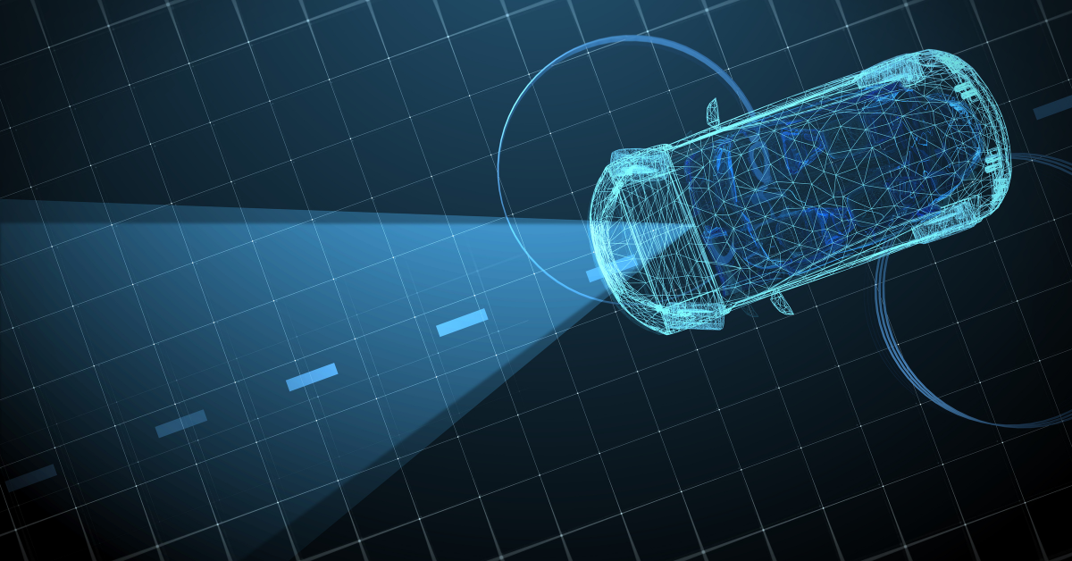 Digital rendering of a self-driving car with light beam sensors on a road, highlighting autonomous vehicle technology.