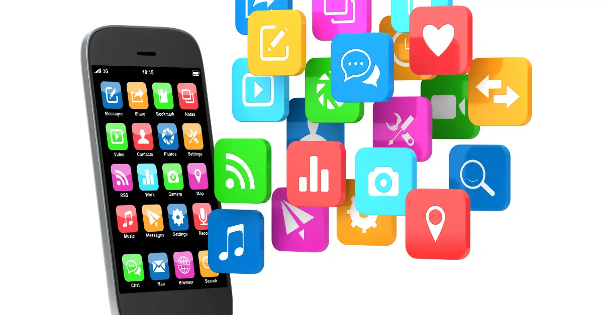 Smartphone displaying a variety of colorful app icons emerging from its screen, symbolizing diverse mobile applications.