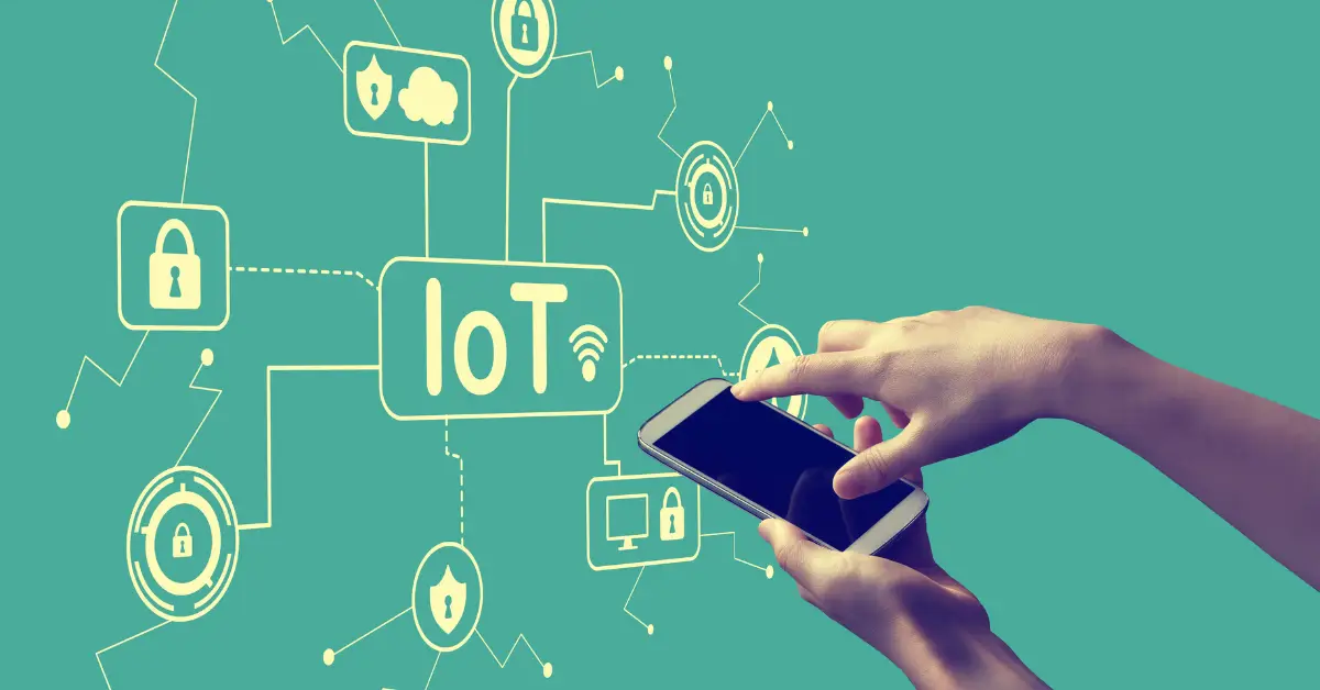 Illustration of IoT connectivity with a hand holding a smartphone, managing a network of connected devices including security, cloud storage, and various IoT applications.