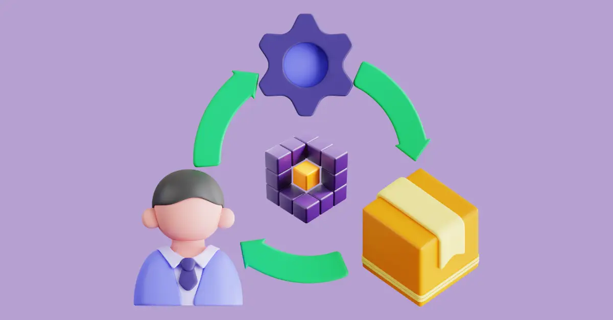 Conceptual illustration of blockchain technology in supply chain management, featuring a stylized figure, interconnected gears, and symbolic elements of logistics and data.