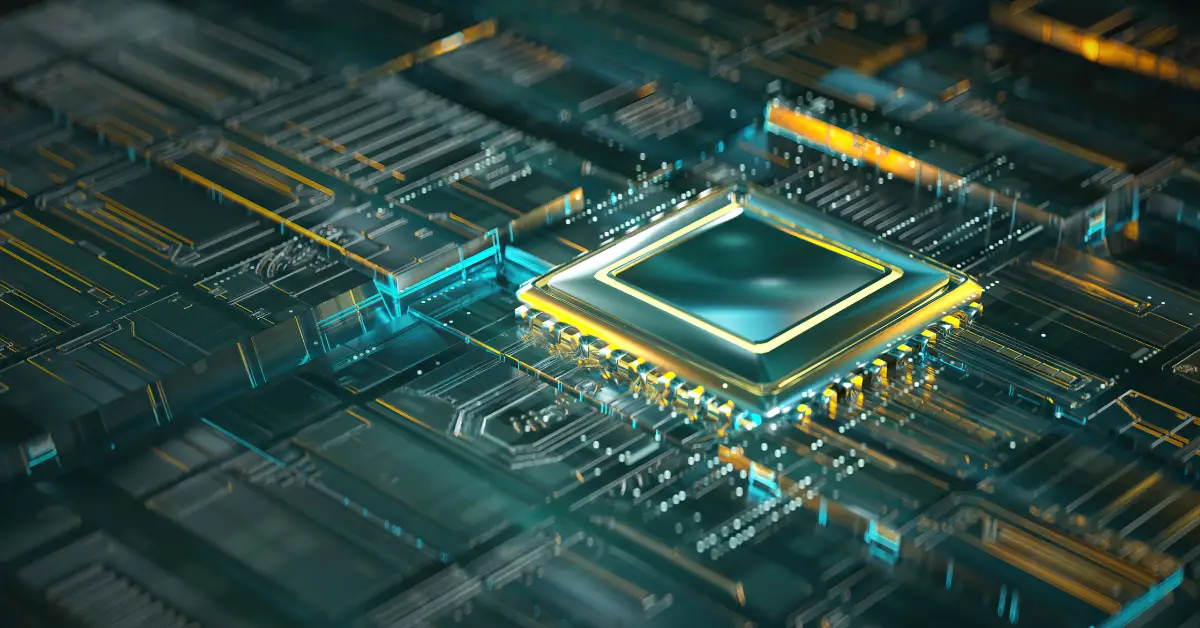 Advanced quantum computer chip with glowing circuits and futuristic design.