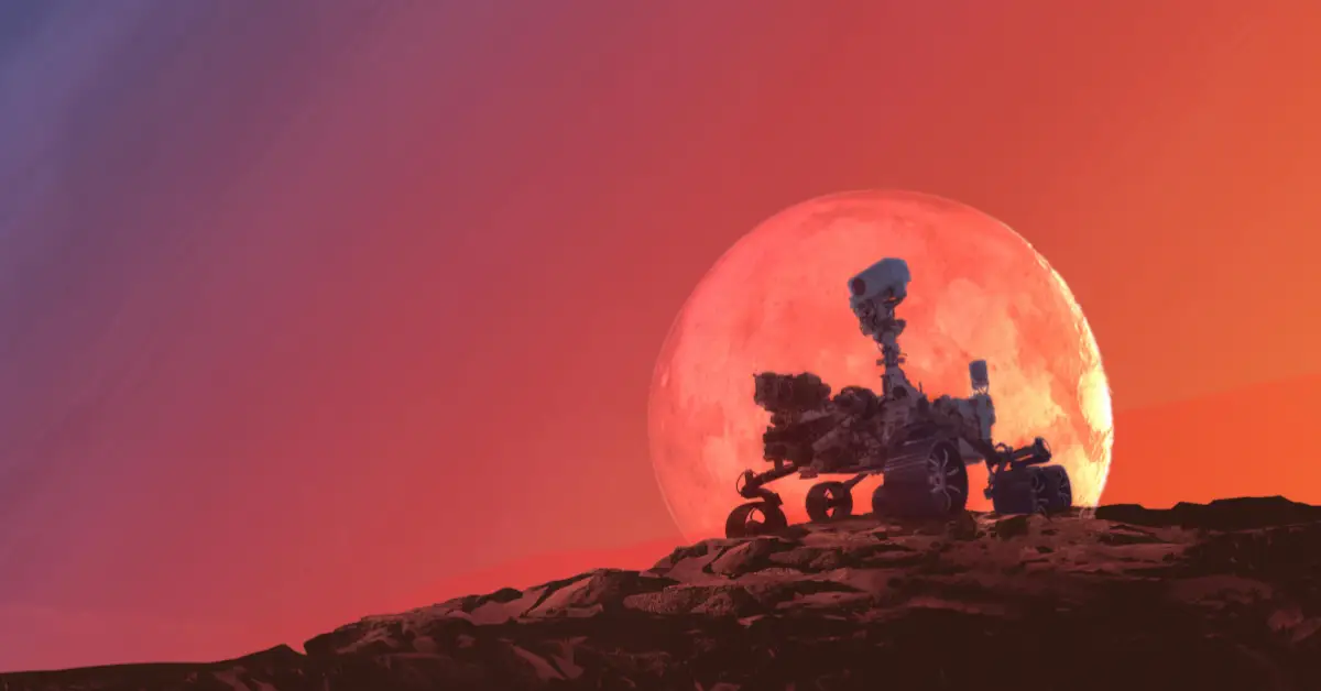 Artistic depiction of a Mars rover exploring the Martian surface with a large Mars backdrop.