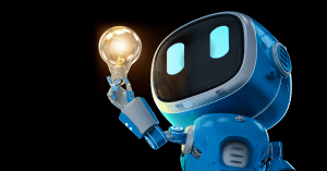 AI-powered robot holding a light bulb, symbolizing innovative ideas in robotics and artificial intelligence.