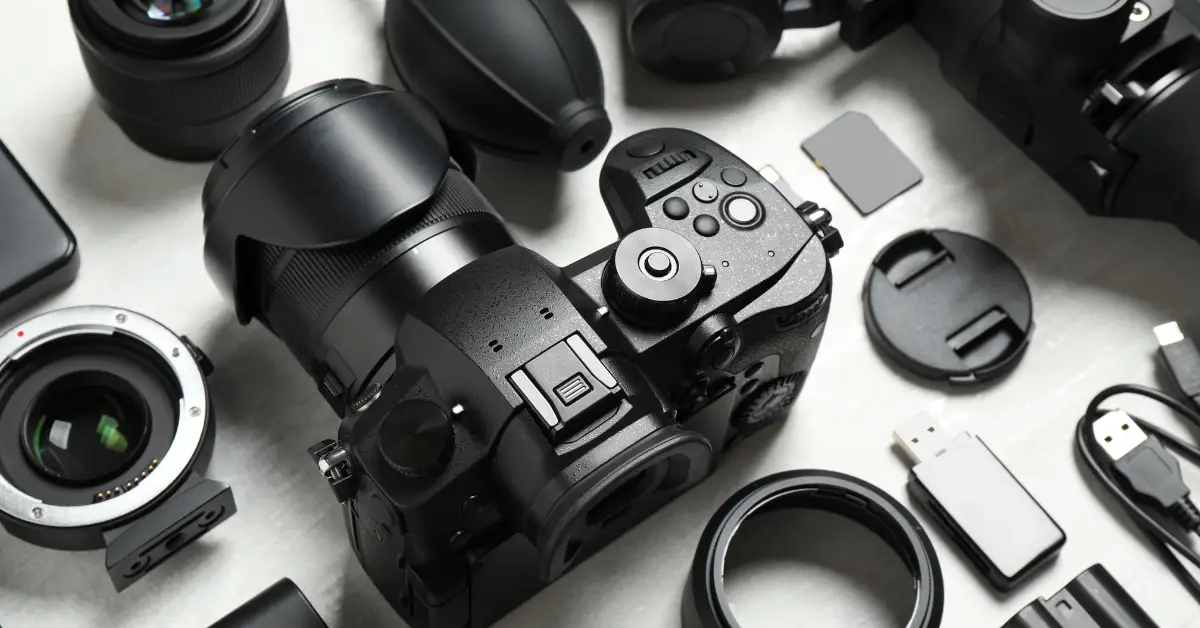 Assortment of digital camera equipment including a DSLR camera, lenses, and various accessories laid out on a table.