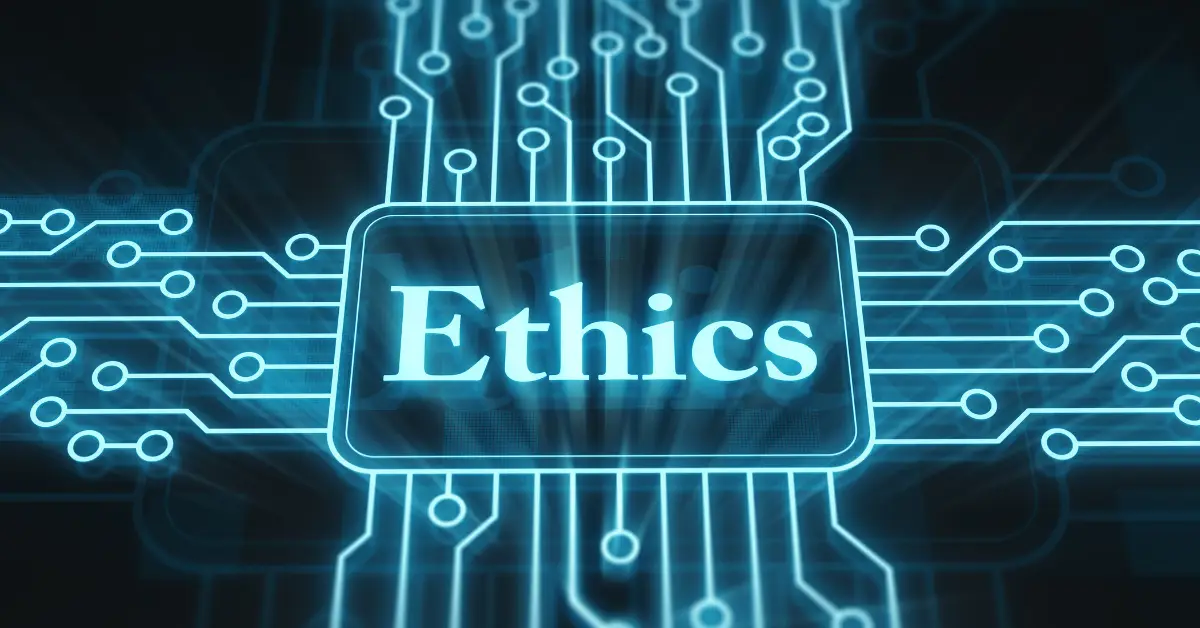 Digital concept of AI ethics highlighted on a glowing circuit board background.