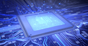 3D illustration of a glowing blue processor chip on a circuit board highlighting advanced computing technology.
