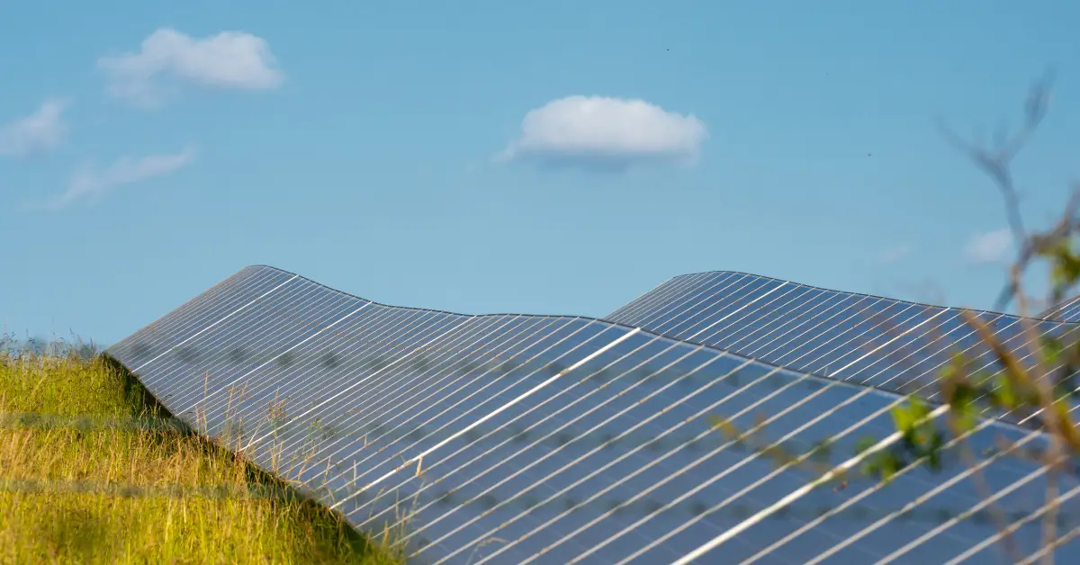 Curved solar panels on a grassy hill under a clear blue sky.
