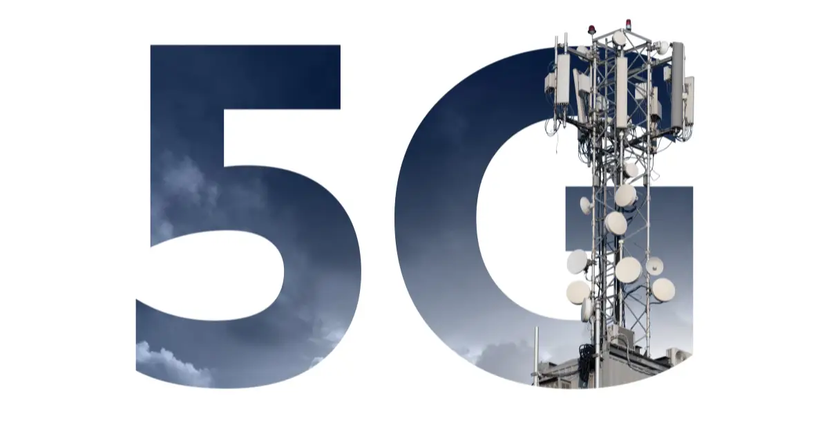 5G logo with a cellular tower integrated into the letter 'G', set against a cloudy sky background.