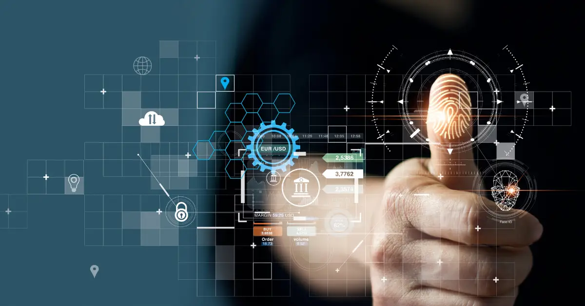 Digital interface showing biometric technology, including fingerprint and facial recognition data analysis.