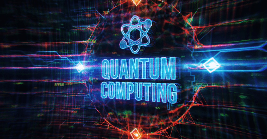 Dynamic digital artwork depicting quantum computing with glowing neon texts and abstract geometric shapes.
