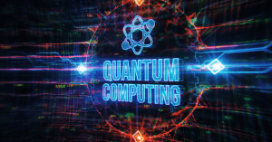 Dynamic digital artwork depicting quantum computing with glowing neon texts and abstract geometric shapes.