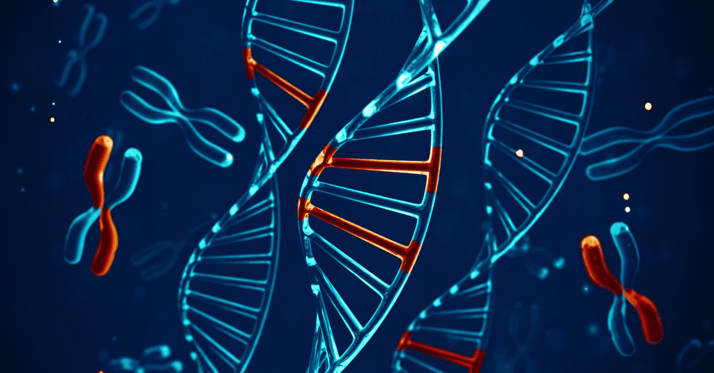 Illustration of a glowing DNA strand and chromosomes, representing advanced genomic technologies.