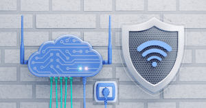 Illustration of a cloud computing icon connected to a Wi-Fi symbol shield, representing secure cloud networking and data protection.