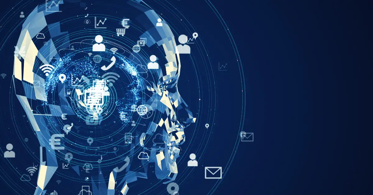 Digital representation of an advanced technology concept featuring an abstract AI brain network surrounded by various tech symbols and connectivity icons on a blue background.