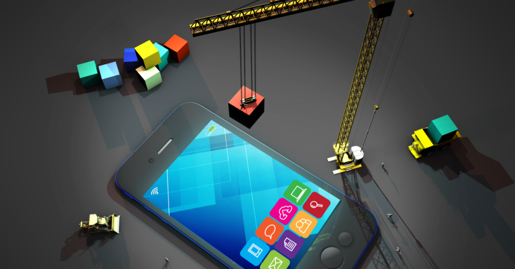 Abstract image featuring a giant smartphone being constructed by cranes, symbolizing the development of mobile technology and apps, with colorful app icons and construction equipment on a dark background.