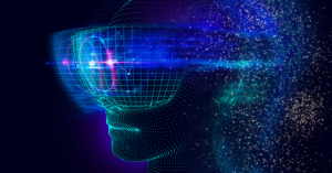 Digital illustration of a human head profile with a wireframe design, overlaid with vibrant blue and purple light effects representing concepts of virtual and augmented reality.