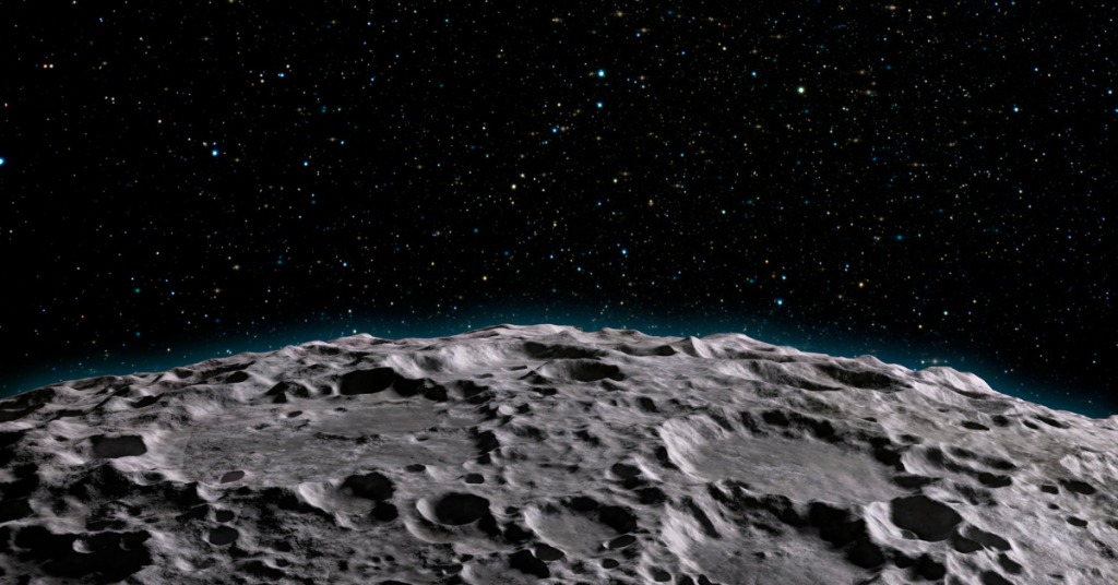Starry sky over the rugged surface of the moon.