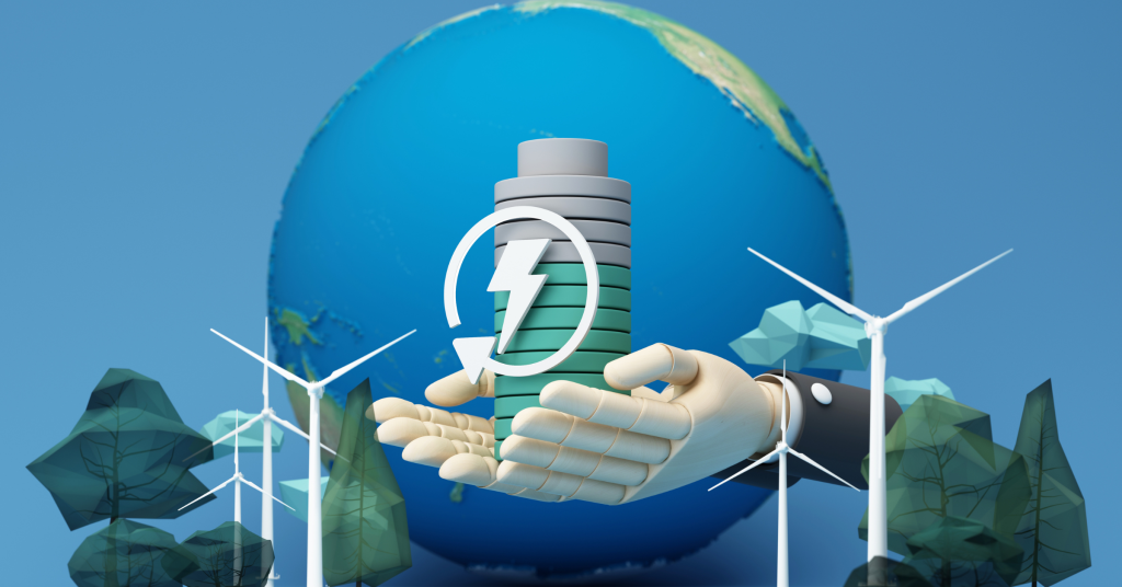 Illustration of renewable energy, featuring wind turbines, a battery symbol, and a globe, representing the role of AI in clean energy advancements.