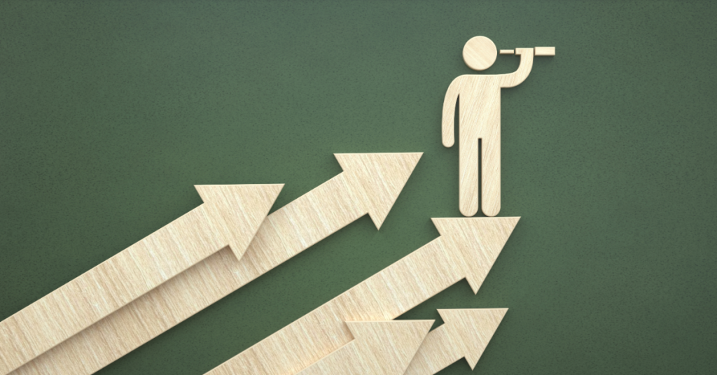 Silhouette of a person standing on upward arrows, looking through a telescope, symbolizing leadership and growth.