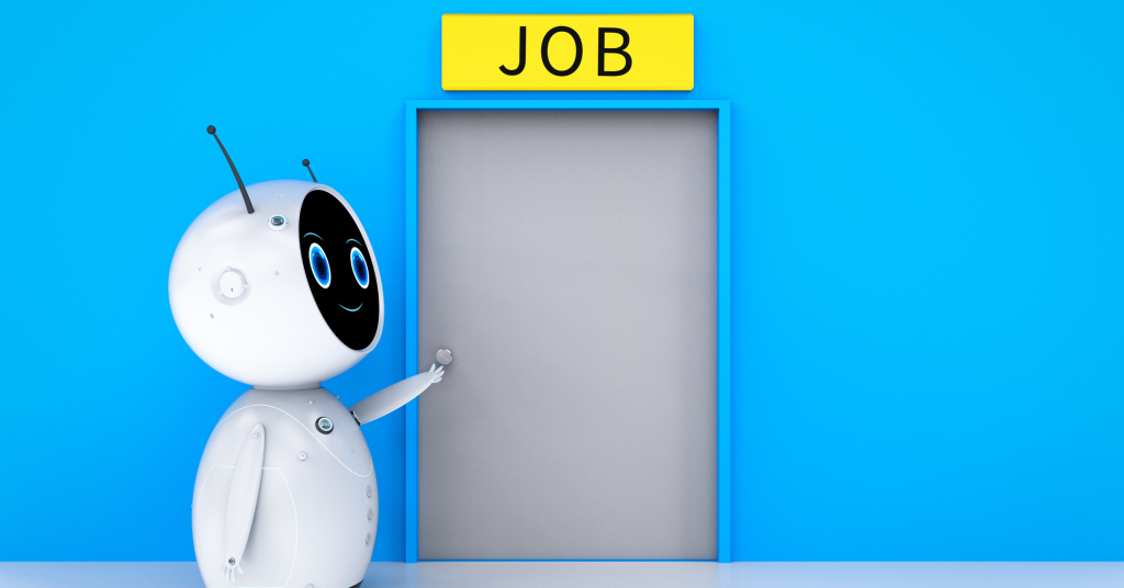 A friendly robot standing in front of a door labeled 'Job,' symbolizing AI's role in the future of work.